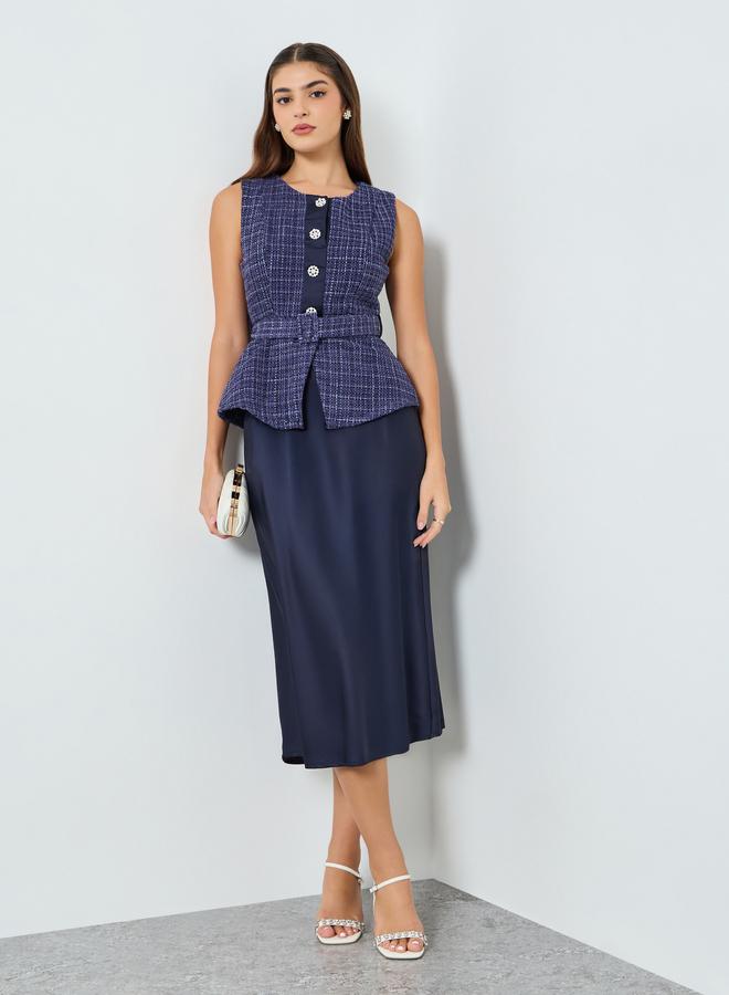 Styli Women Belted Tweed Look Midi Dress - Image 1